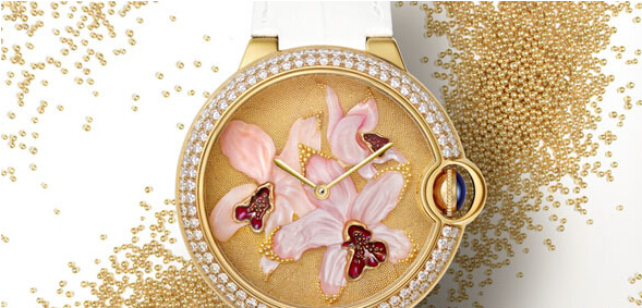 “幽香兰花”Cartier卡地亚 Cartierd'Art系列金属珠粒和雕刻珍珠母贝兰花装饰腕表