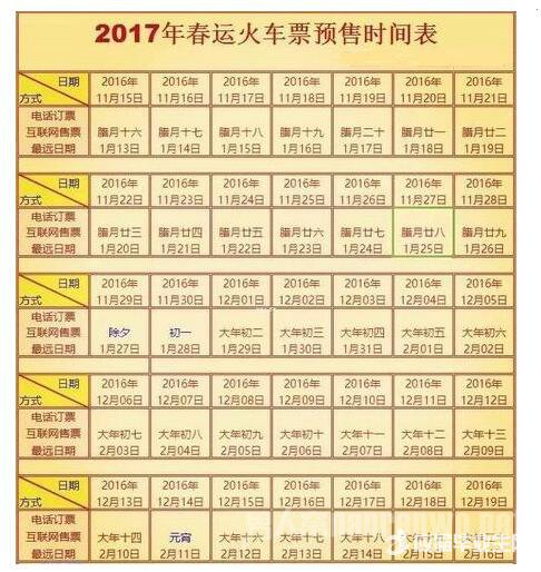 2017年春运火车票预售时间表