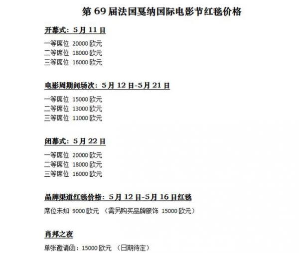 戛纳红毯价目表